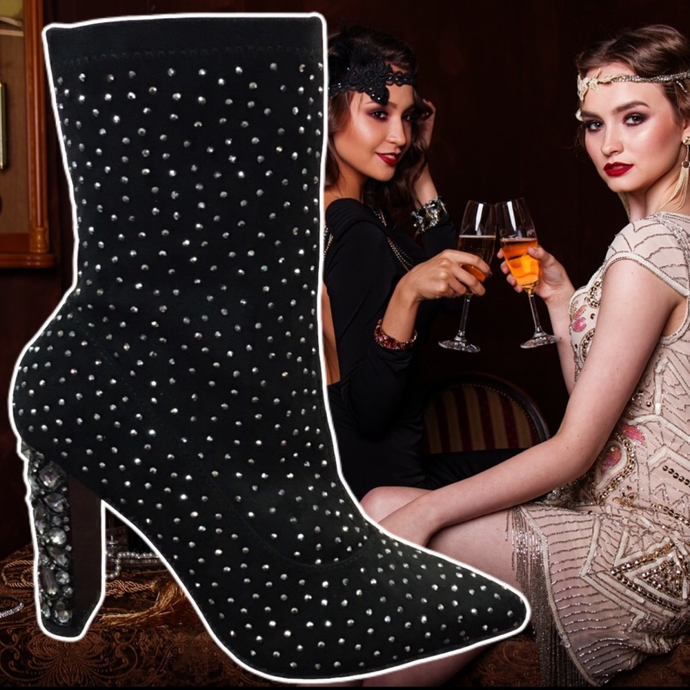 Italiana Black Rhinestone Sock Bootie Stiletto - Picture 3 of 8
